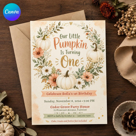 Neutral Floral Little Pumpkin First Birthday Invitation for Girls — editable Canva template