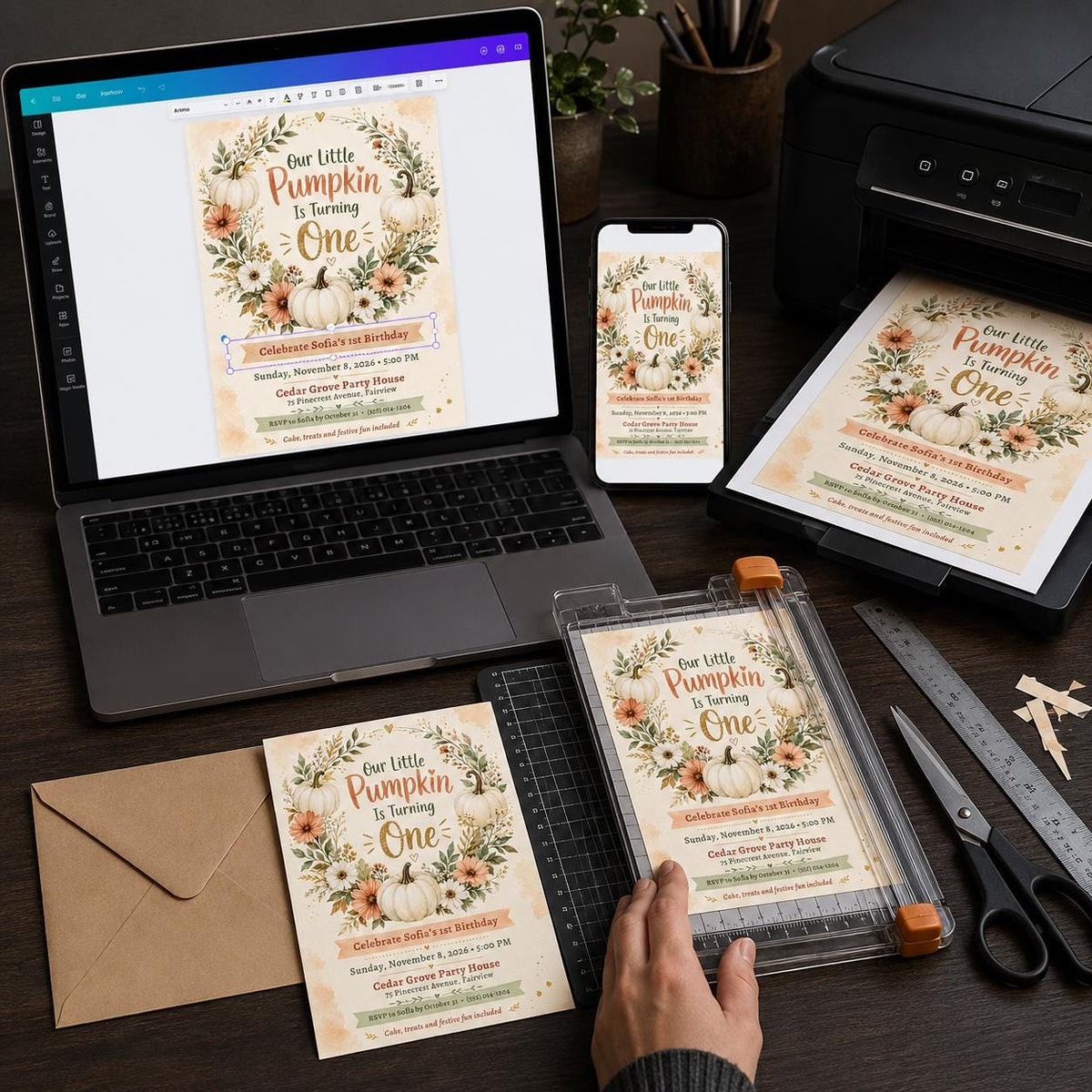 Neutral Floral Little Pumpkin First Birthday Invitation for Girls — invitation you personalize in Canva