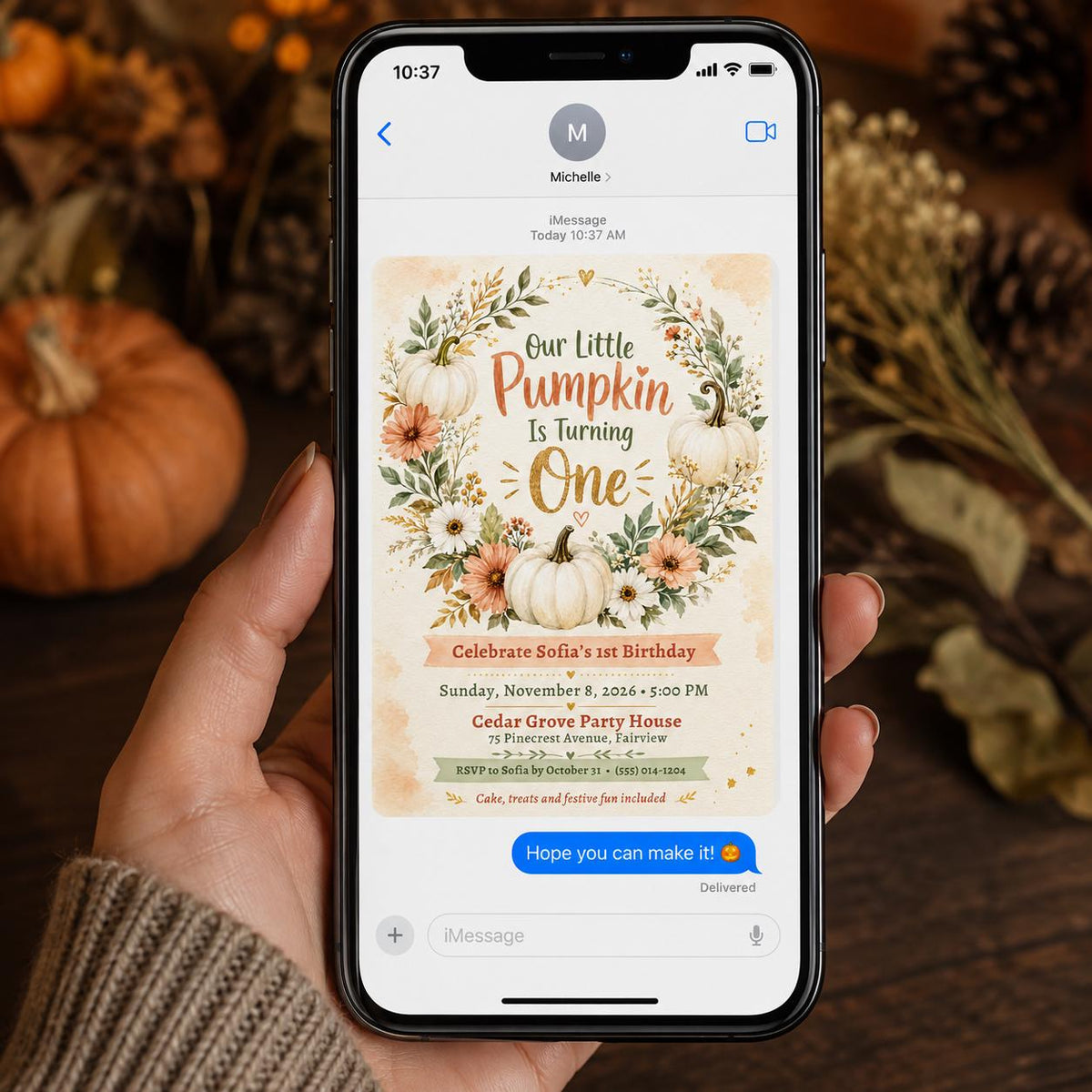 Neutral Floral Little Pumpkin First Birthday Invitation for Girls — print-ready first birthday design from VoltBy