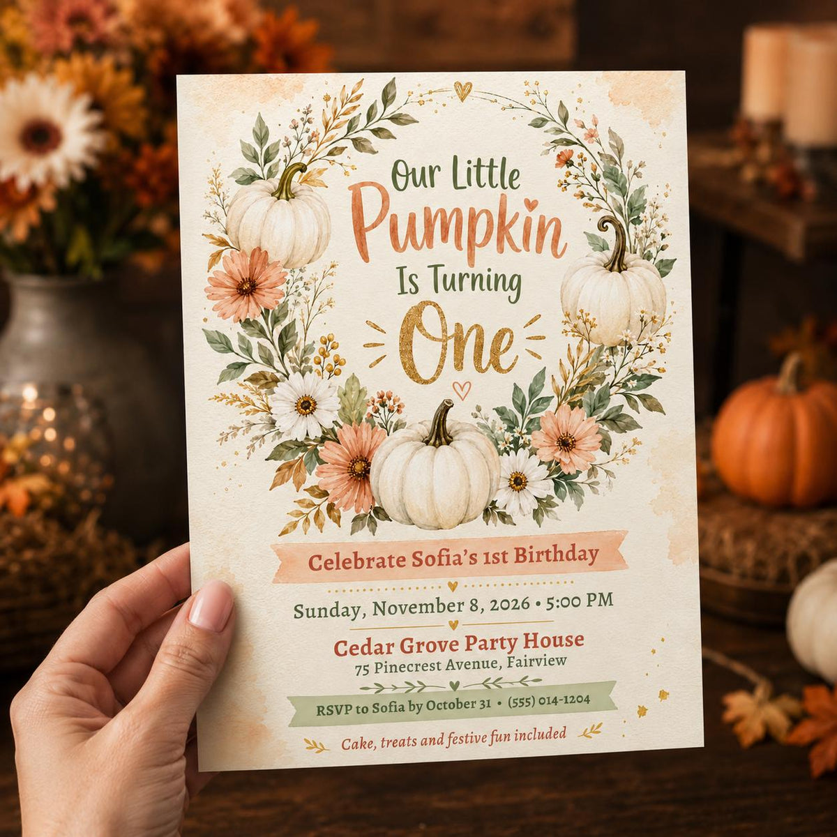 Neutral Floral Little Pumpkin First Birthday Invitation for Girls — digital invitation, instant download