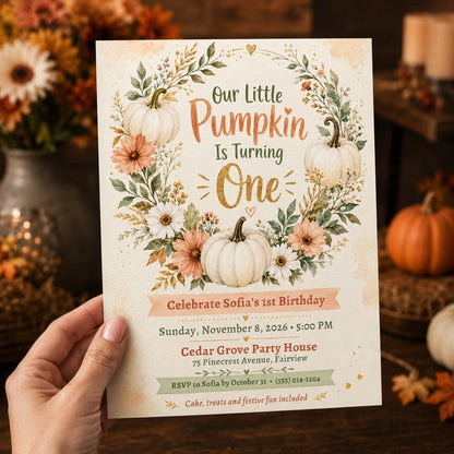 Neutral Floral Little Pumpkin First Birthday Invitation for Girls — digital invitation, instant download
