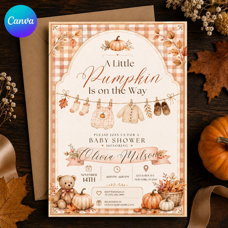 Neutral Gingham Little Pumpkin Baby Shower Invitation