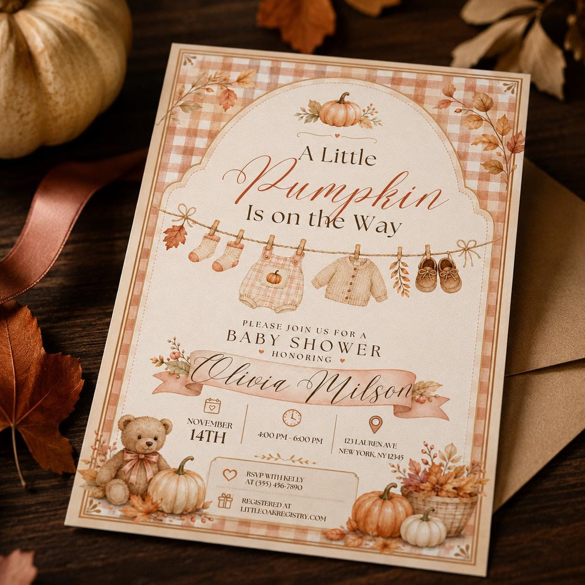 Neutral Gingham Little Pumpkin Baby Shower Invitation — invitation you personalize in Canva