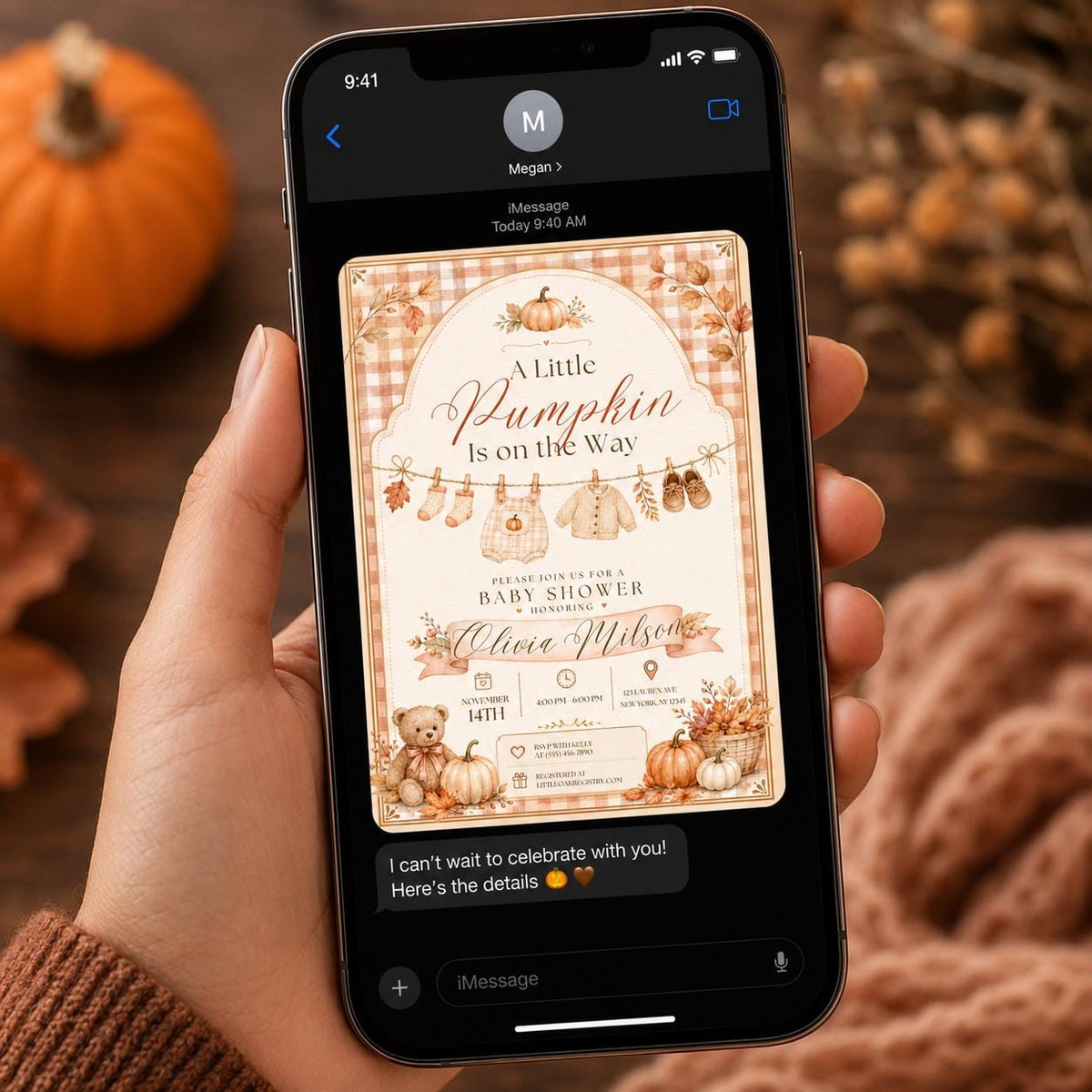 Neutral Gingham Little Pumpkin Baby Shower Invitation — print-ready baby shower design from VoltBy