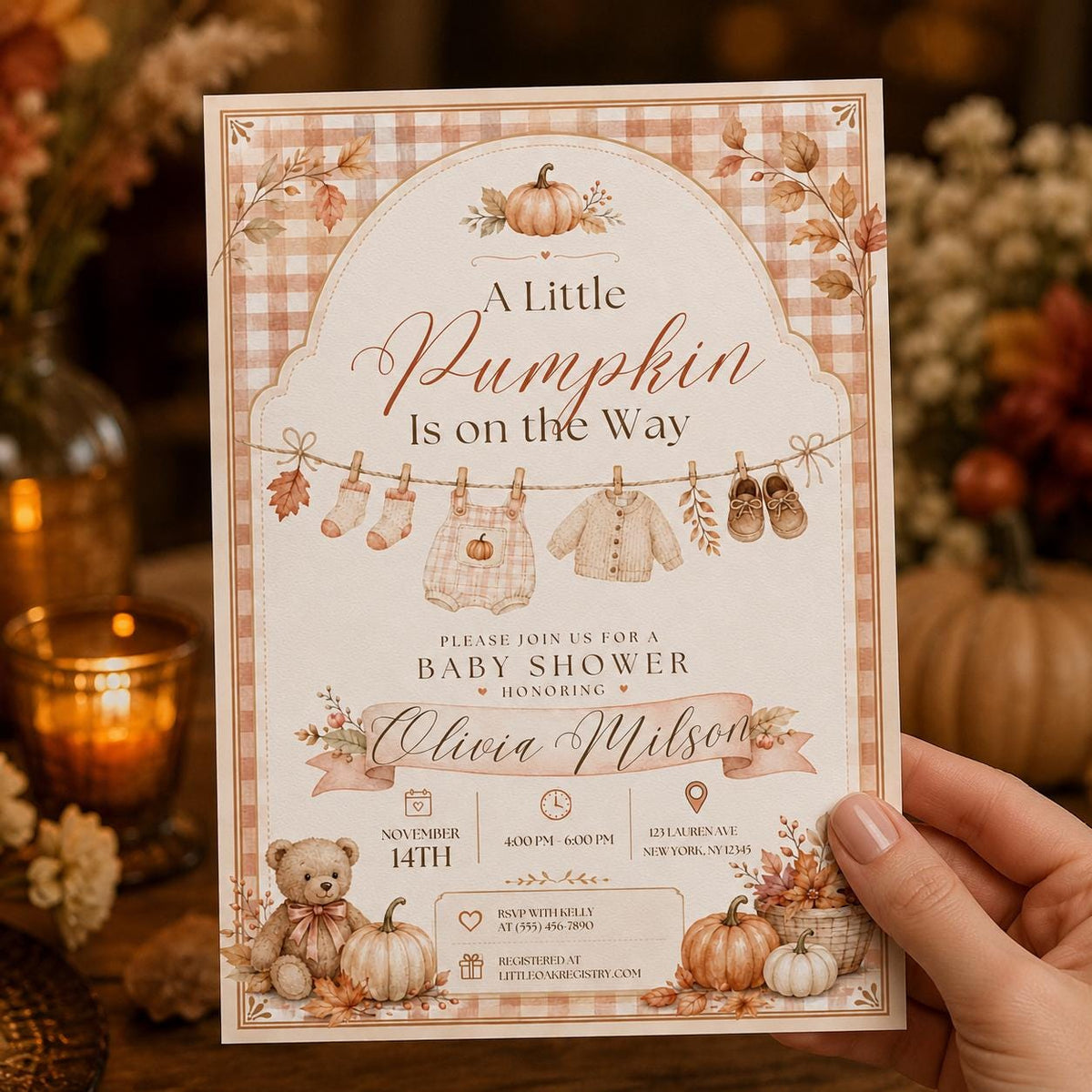 Neutral Gingham Little Pumpkin Baby Shower Invitation — digital invitation, instant download