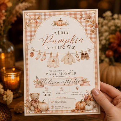 Neutral Gingham Little Pumpkin Baby Shower Invitation — digital invitation, instant download