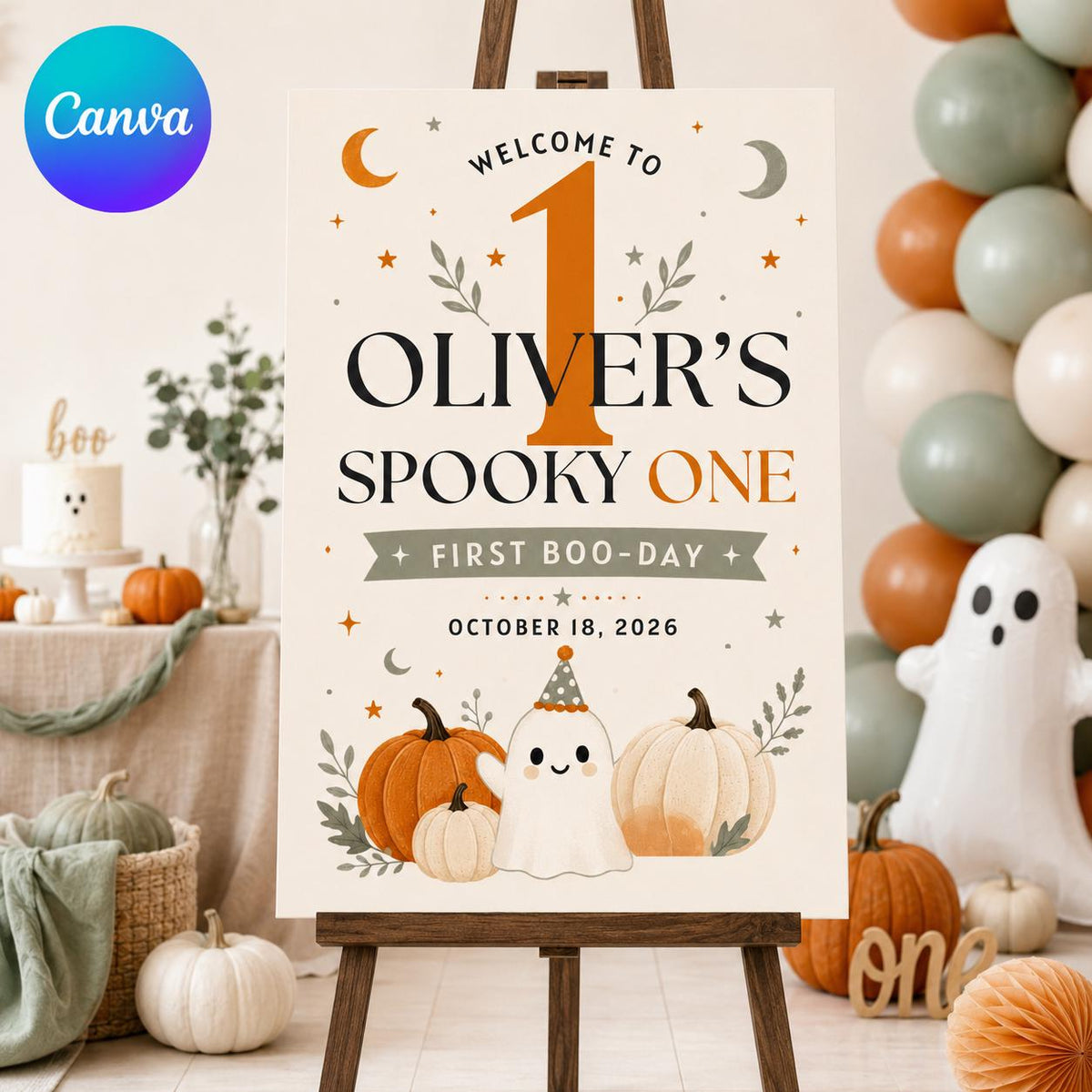 Neutral Halloween First Birthday Welcome Sign — editable Canva template