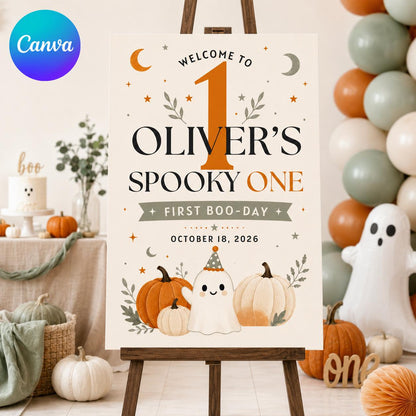 Neutral Halloween First Birthday Welcome Sign — editable Canva template