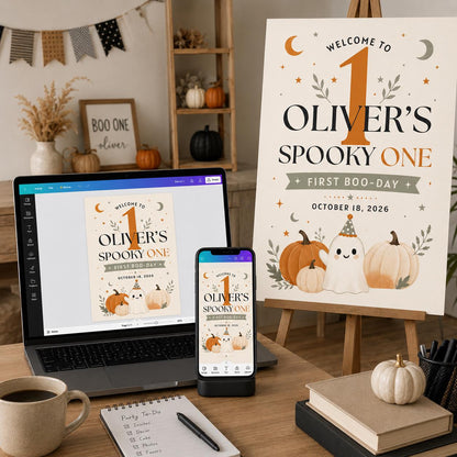 Neutral Halloween First Birthday Welcome Sign — ghost and pumpkin design