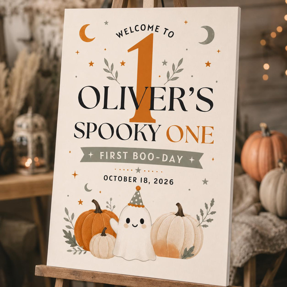 Neutral Halloween First Birthday Welcome Sign — print-ready first birthday design from VoltBy