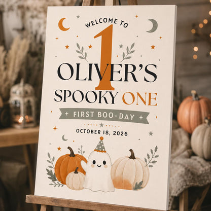 Neutral Halloween First Birthday Welcome Sign — print-ready first birthday design from VoltBy