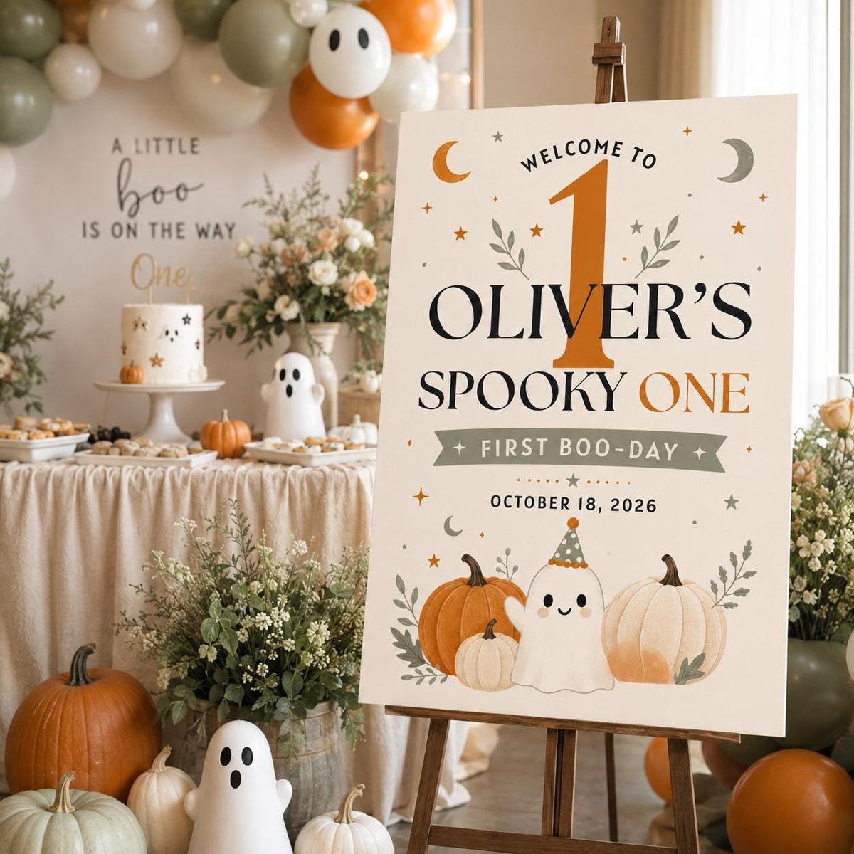 Neutral Halloween First Birthday Welcome Sign — digital welcome sign, instant download