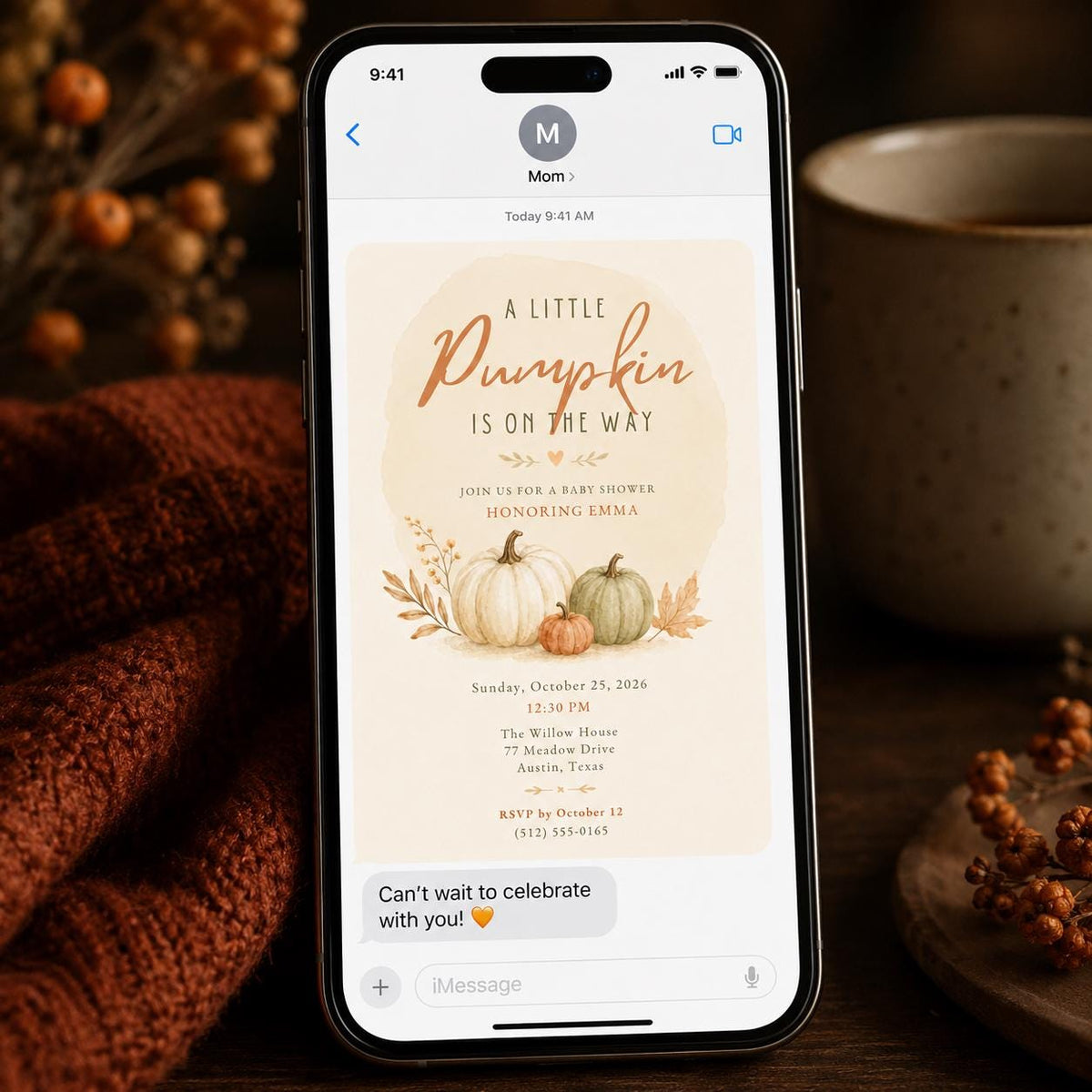 Neutral Little Pumpkin Baby Shower Invitation — invitation you personalize in Canva