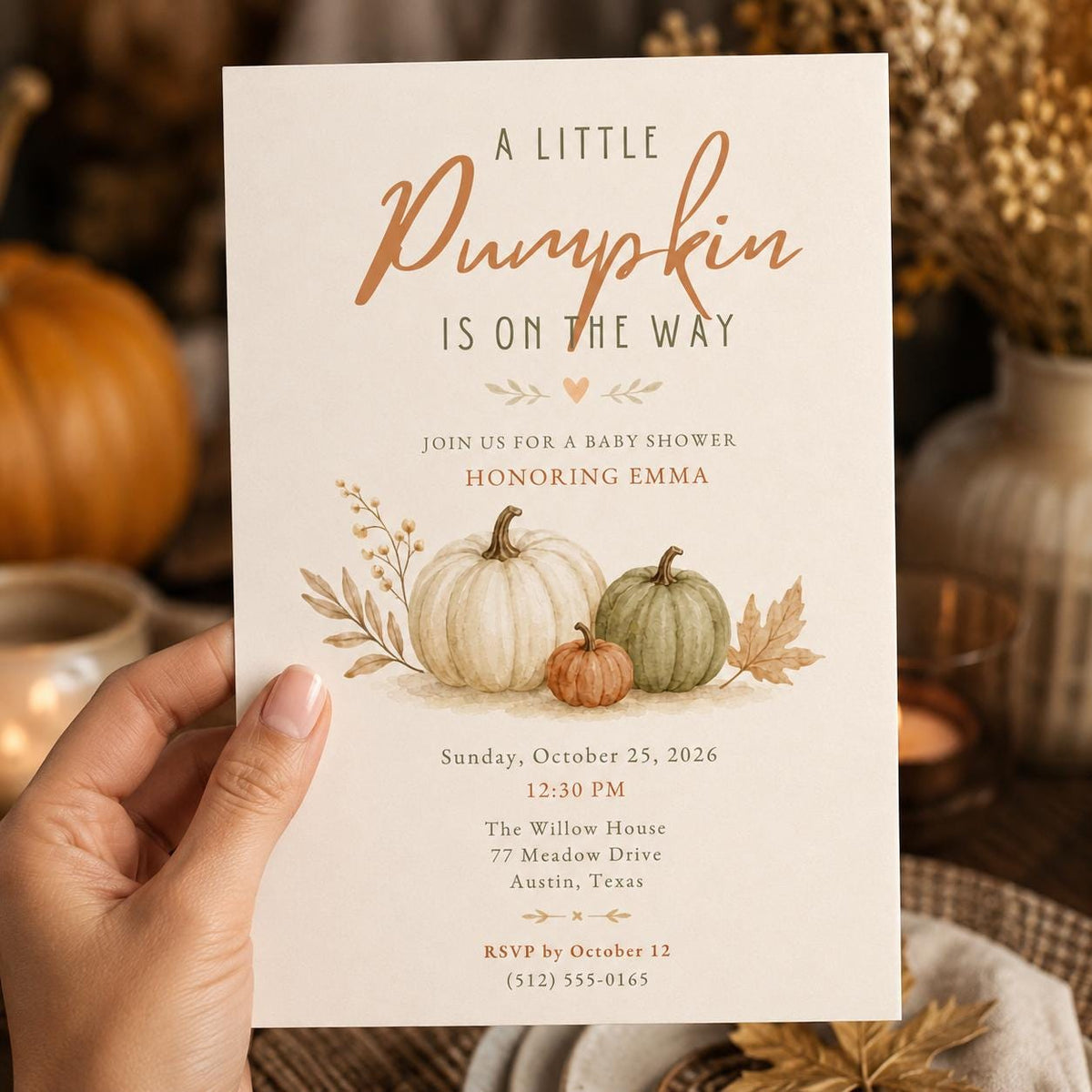 Neutral Little Pumpkin Baby Shower Invitation — print-ready baby shower design from VoltBy