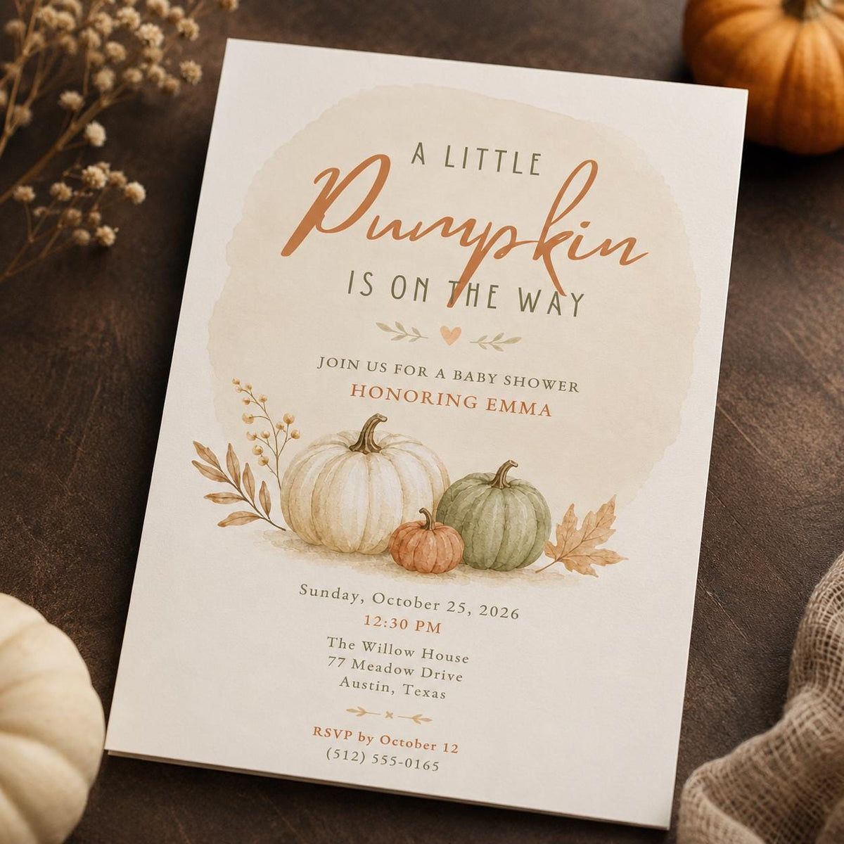 Neutral Little Pumpkin Baby Shower Invitation — baby shower stationery by VoltBy