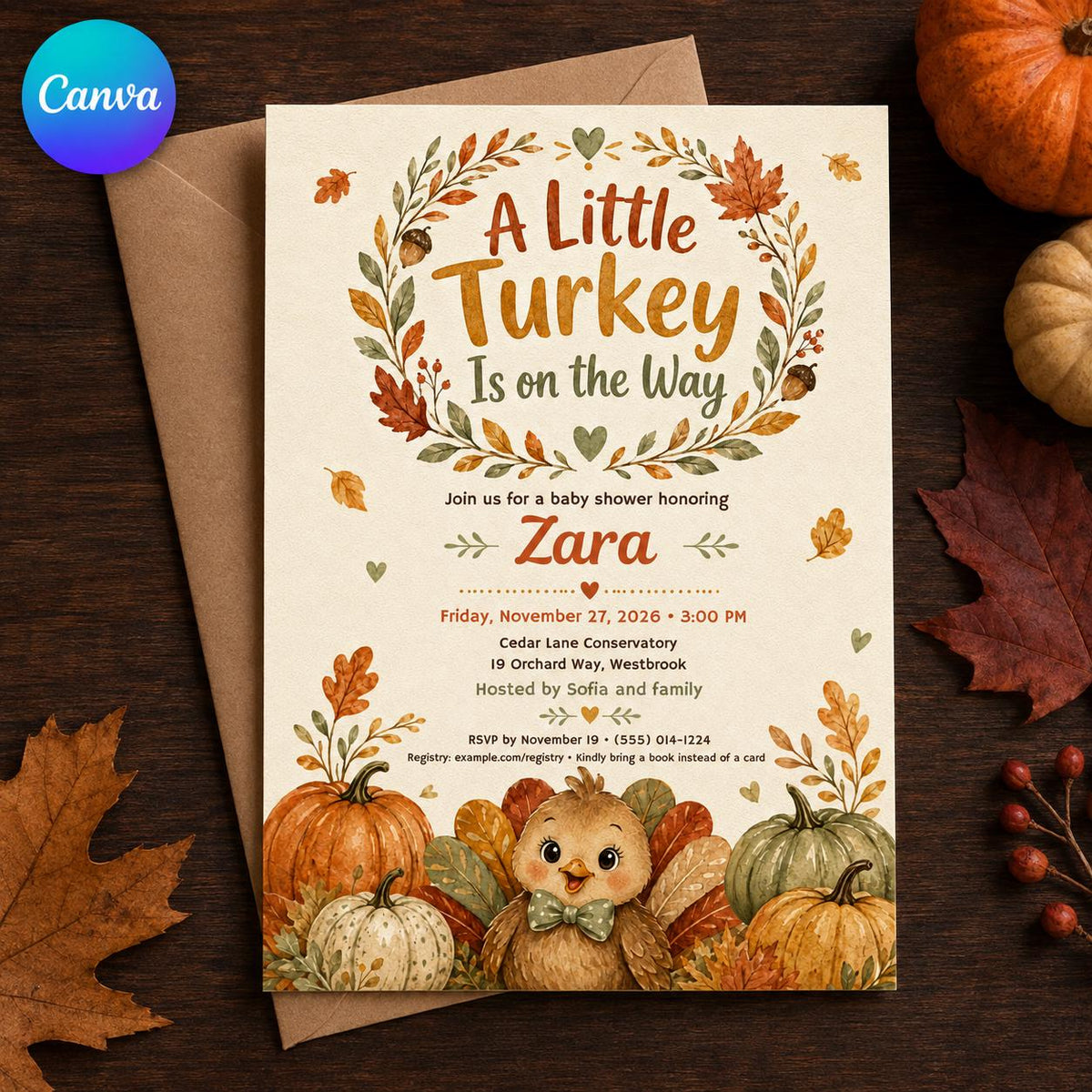 Neutral Little Turkey Baby Shower Invitation — editable Canva template