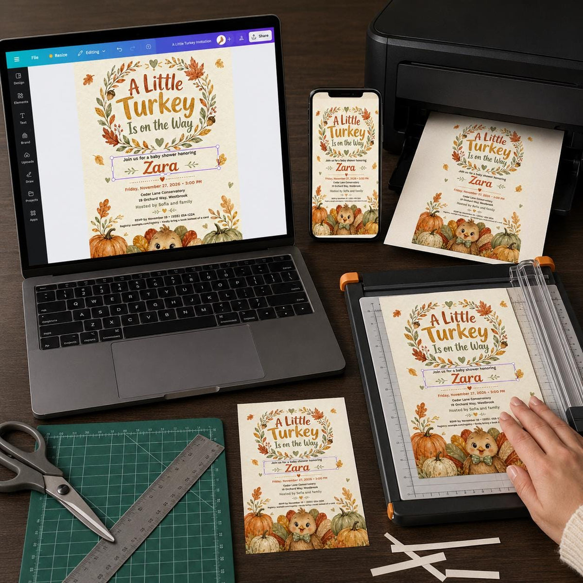 Neutral Little Turkey Baby Shower Invitation — pumpkin design