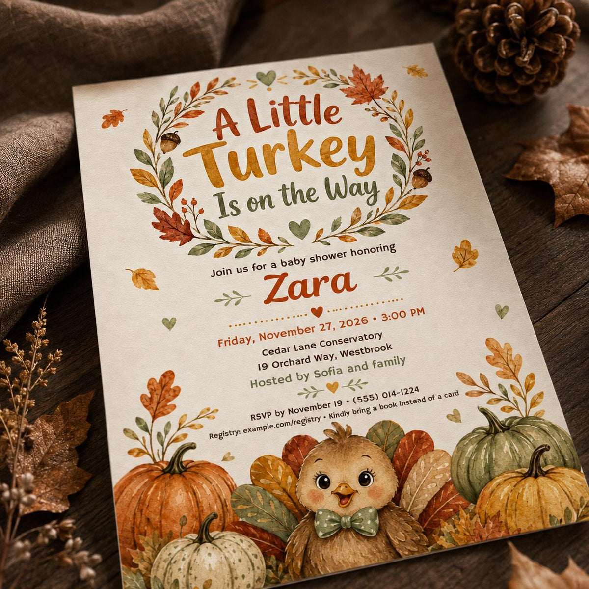 Neutral Little Turkey Baby Shower Invitation — invitation you personalize in Canva