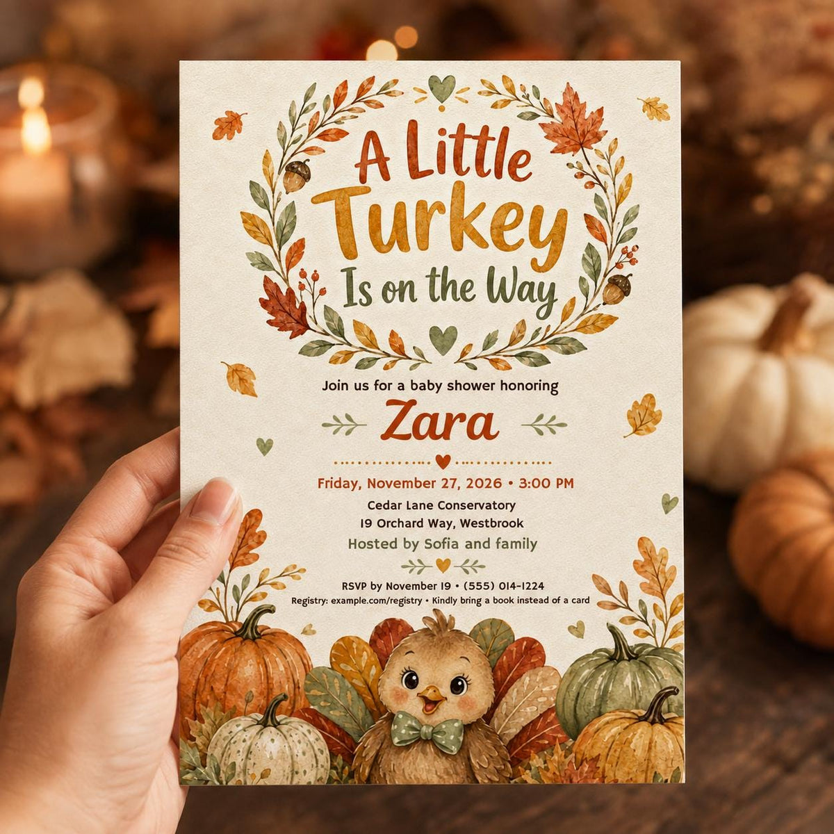 Neutral Little Turkey Baby Shower Invitation — print-ready baby shower design from VoltBy