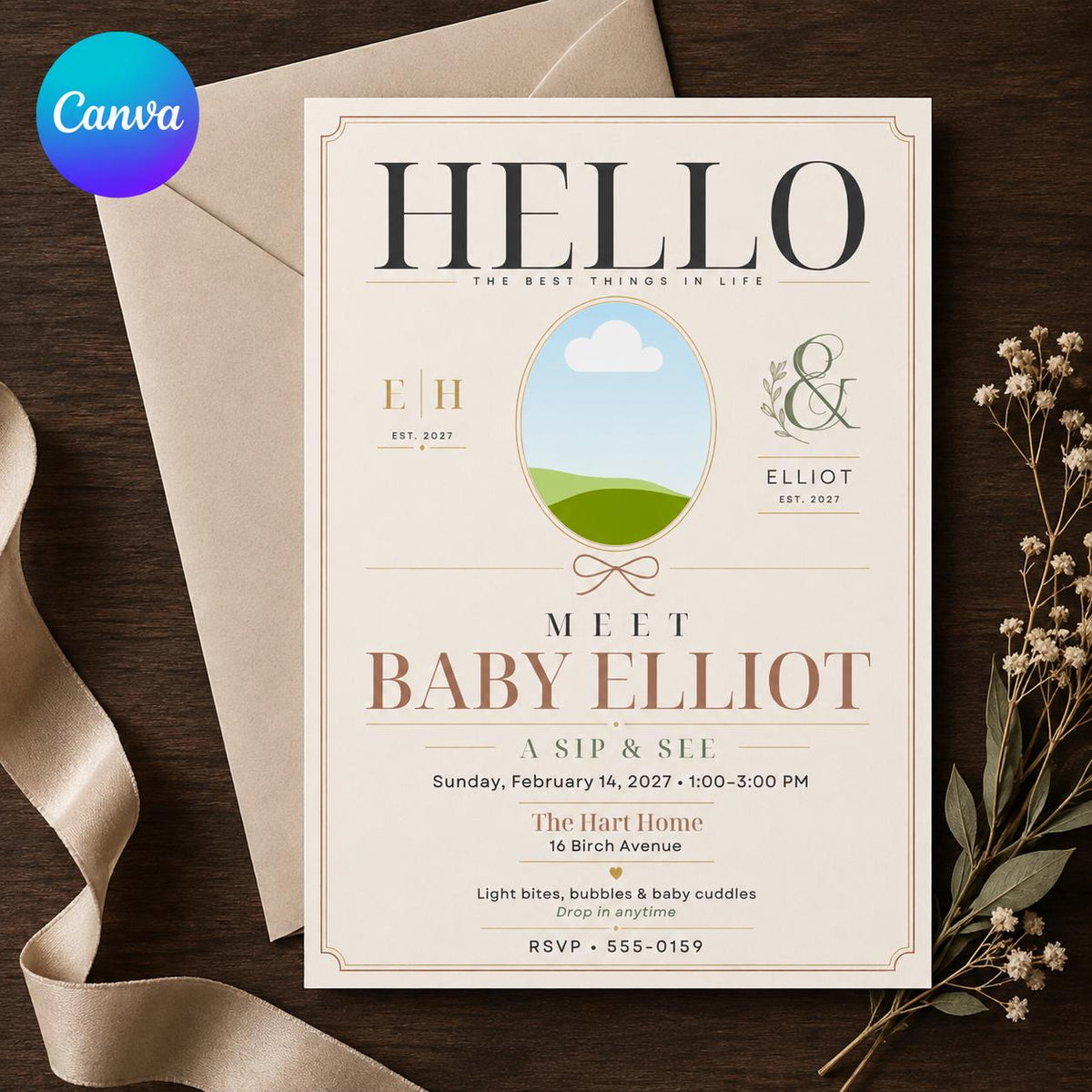 Neutral Modern Sip and See Invitation — editable Canva template