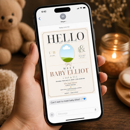 Neutral Modern Sip and See Invitation — invitation you personalize in Canva