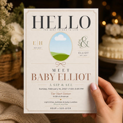 Neutral Modern Sip and See Invitation — elegant baby shower design