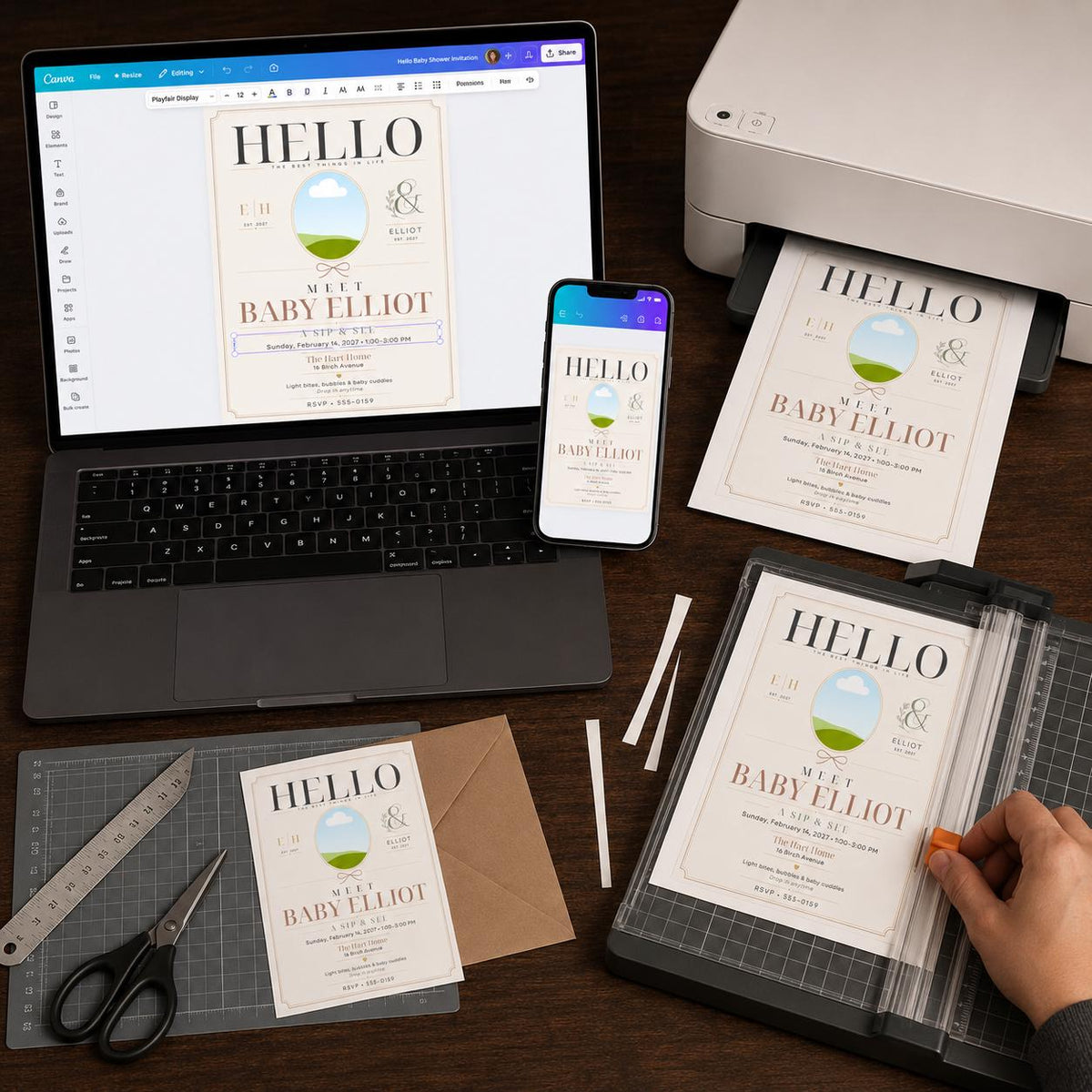 Neutral Modern Sip and See Invitation — print-ready baby shower design from VoltBy