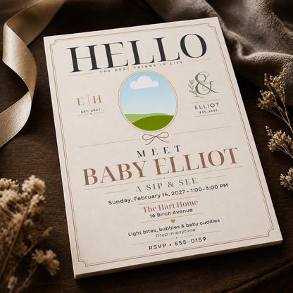 Neutral Modern Sip and See Invitation — digital invitation, instant download