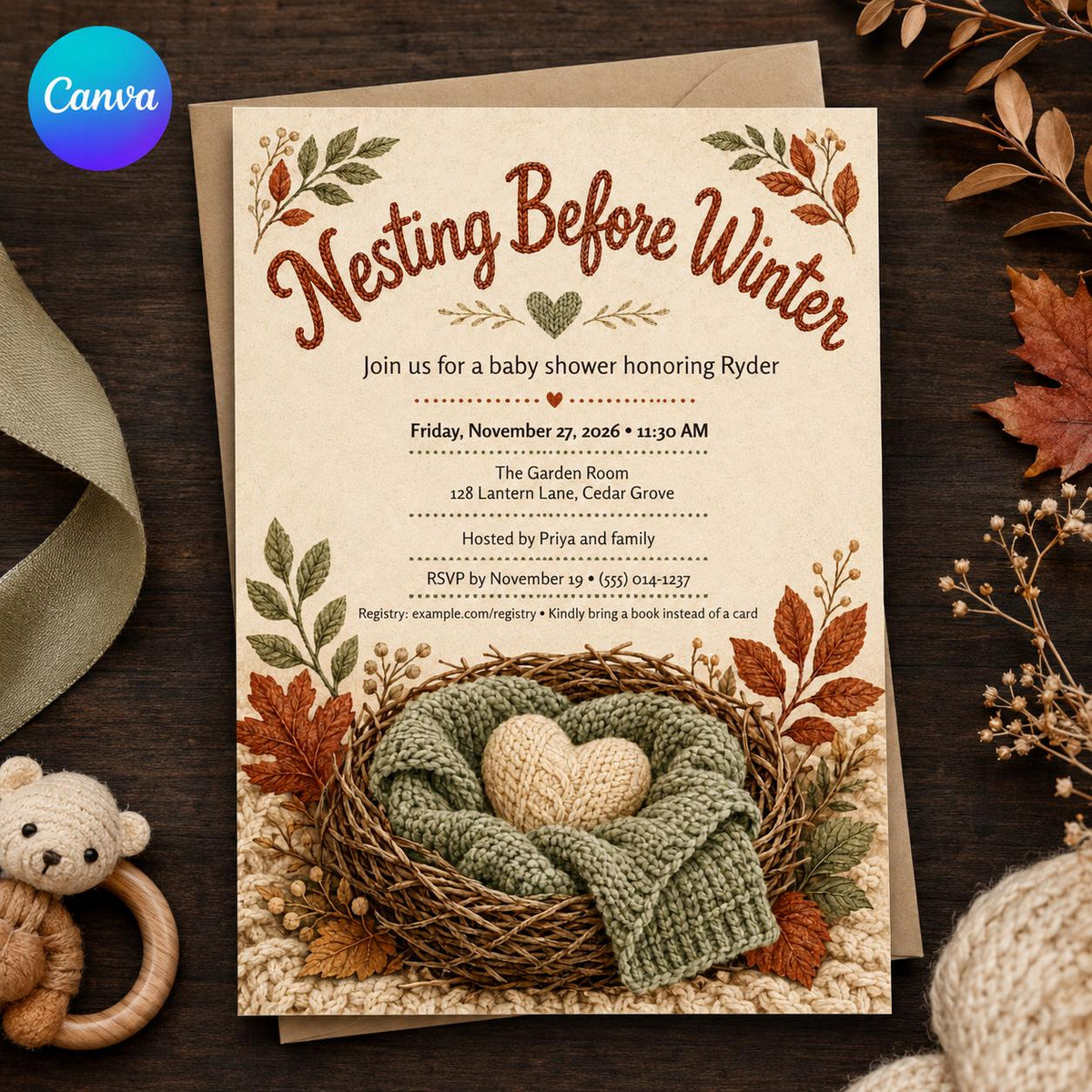 Neutral Nesting Before Winter Baby Shower Invitation — editable Canva template