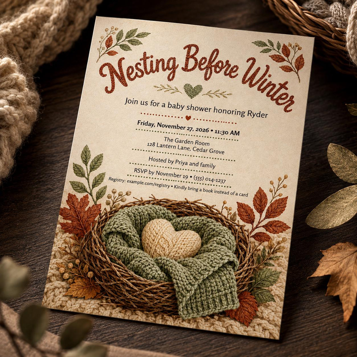 Neutral Nesting Before Winter Baby Shower Invitation — invitation you personalize in Canva