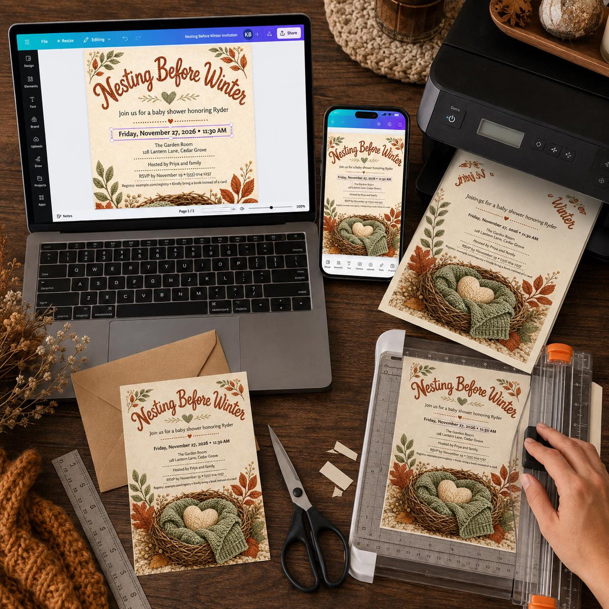 Neutral Nesting Before Winter Baby Shower Invitation — print-ready baby shower design from VoltBy