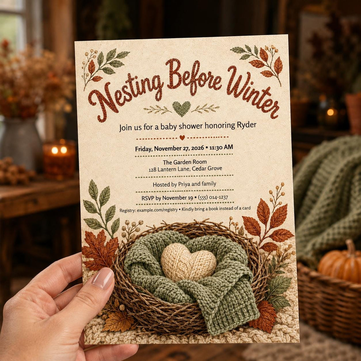 Neutral Nesting Before Winter Baby Shower Invitation — digital invitation, instant download