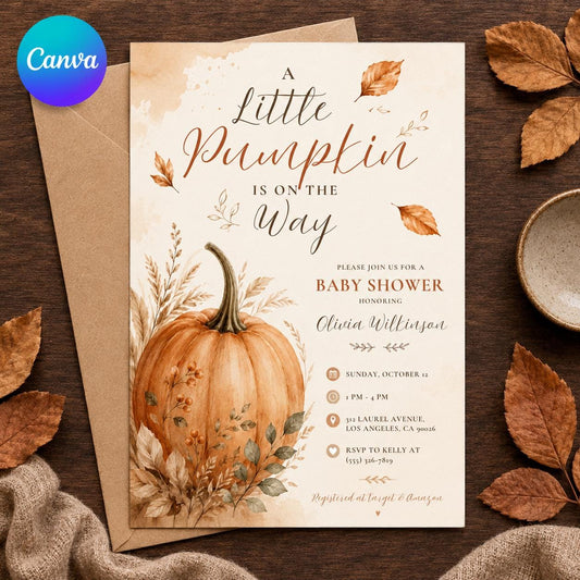 Neutral Pumpkin and Wheat Baby Shower Invitation — editable Canva template