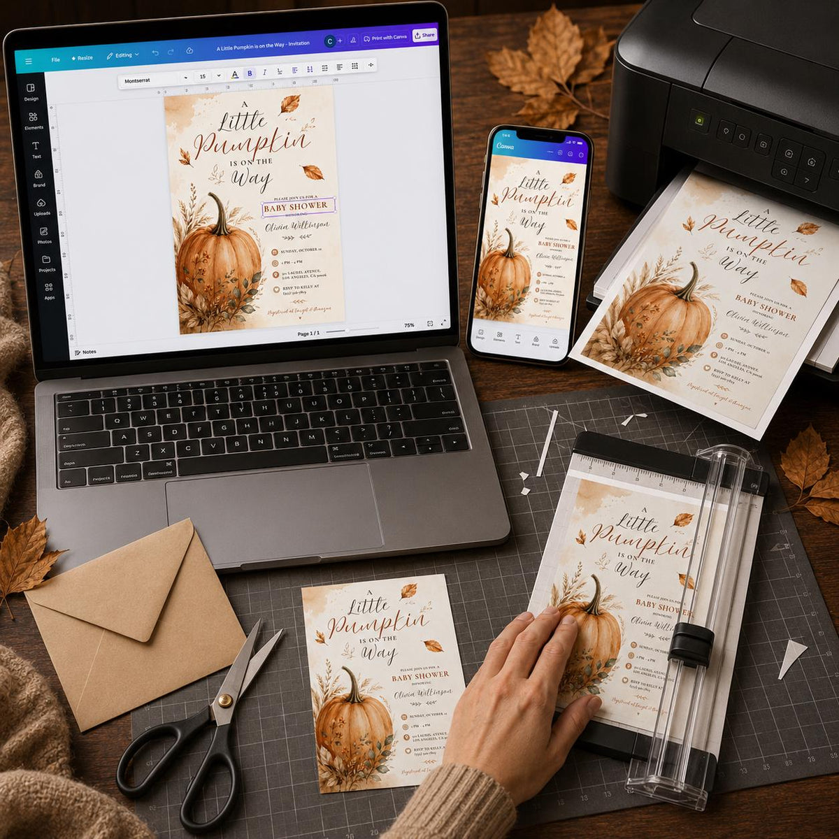 Neutral Pumpkin and Wheat Baby Shower Invitation in beige brown