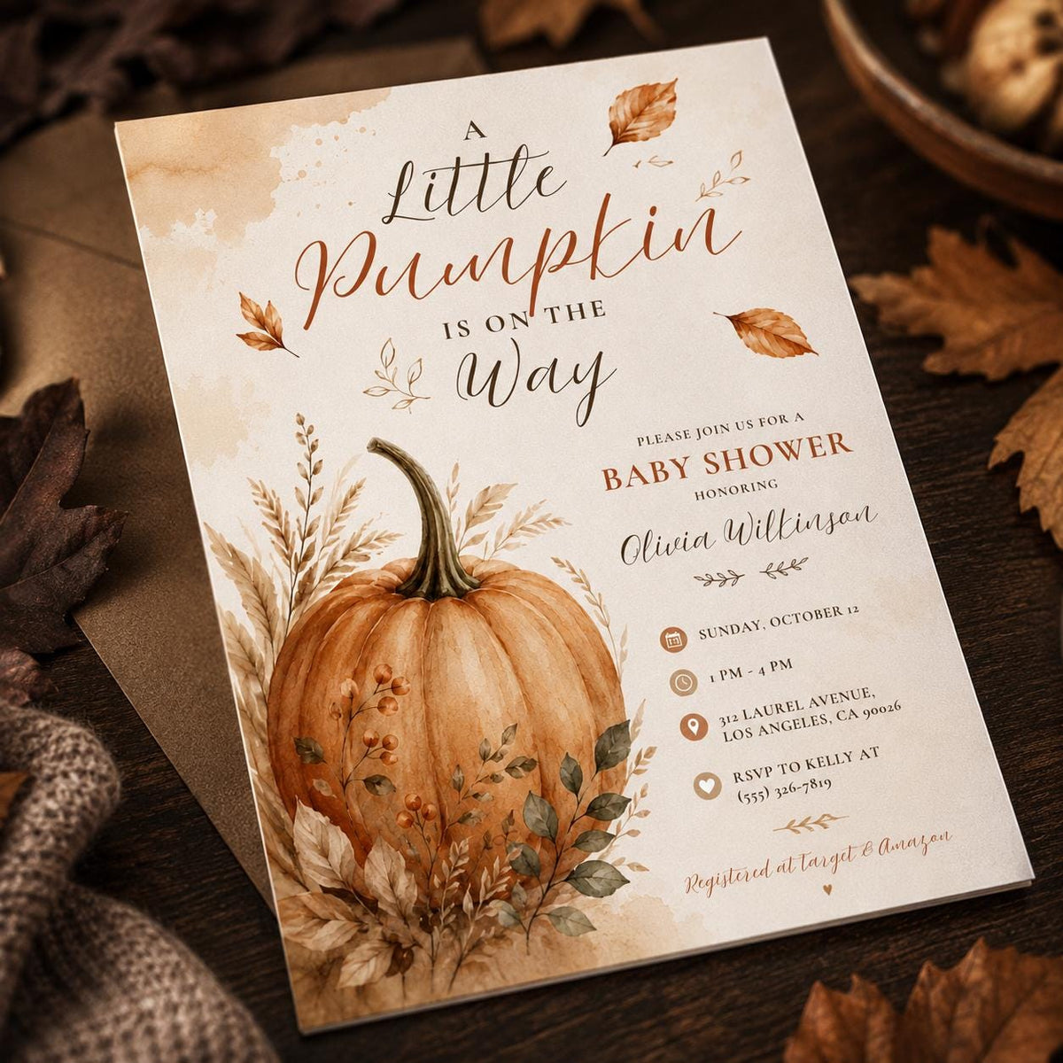 Neutral Pumpkin and Wheat Baby Shower Invitation — invitation you personalize in Canva