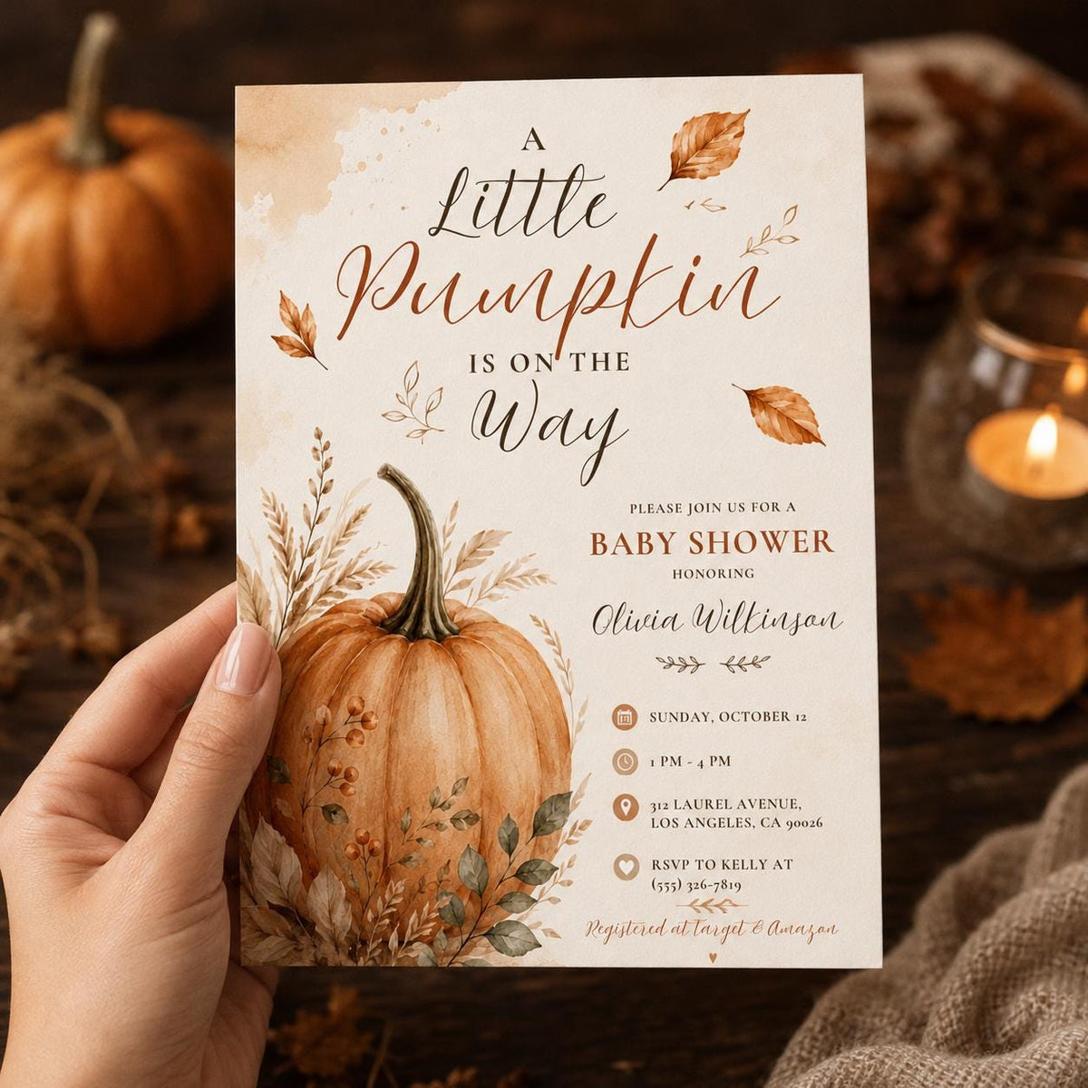 Neutral Pumpkin and Wheat Baby Shower Invitation — digital invitation, instant download
