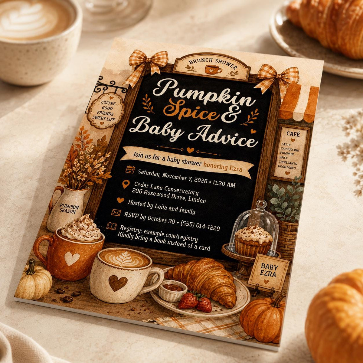 Neutral Pumpkin Spice Baby Shower Invitation — coffee design
