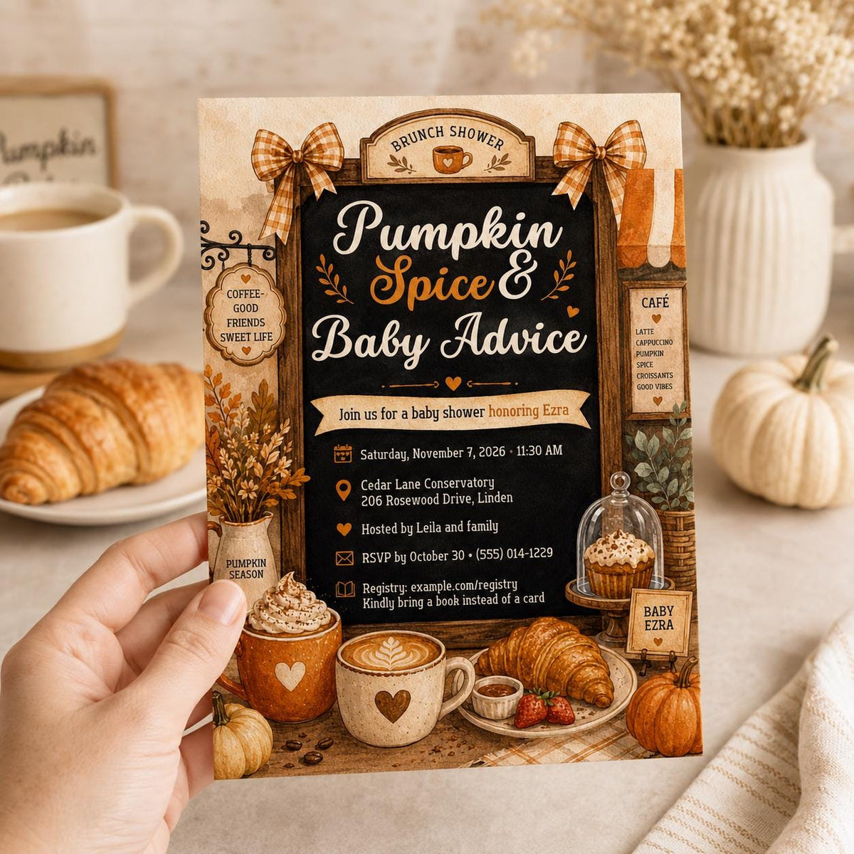 Neutral Pumpkin Spice Baby Shower Invitation — invitation you personalize in Canva