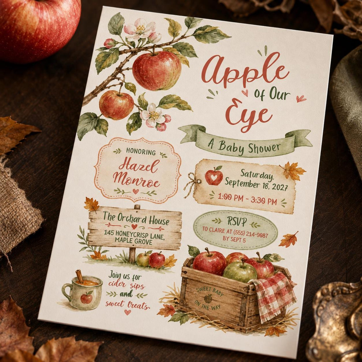 Neutral Rustic Apple of Our Eye Baby Shower Invitation — invitation you personalize in Canva