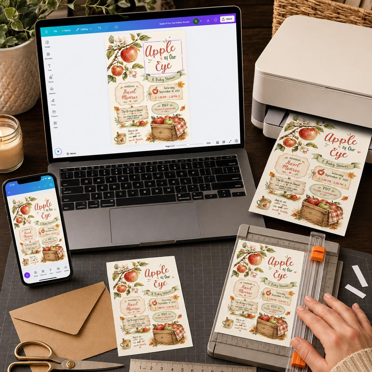 Neutral Rustic Apple of Our Eye Baby Shower Invitation — digital invitation, instant download