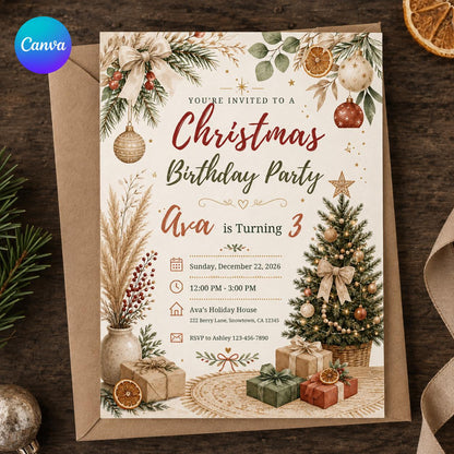 Neutral Rustic Christmas 3rd Birthday Invitation for Girls — editable Canva template