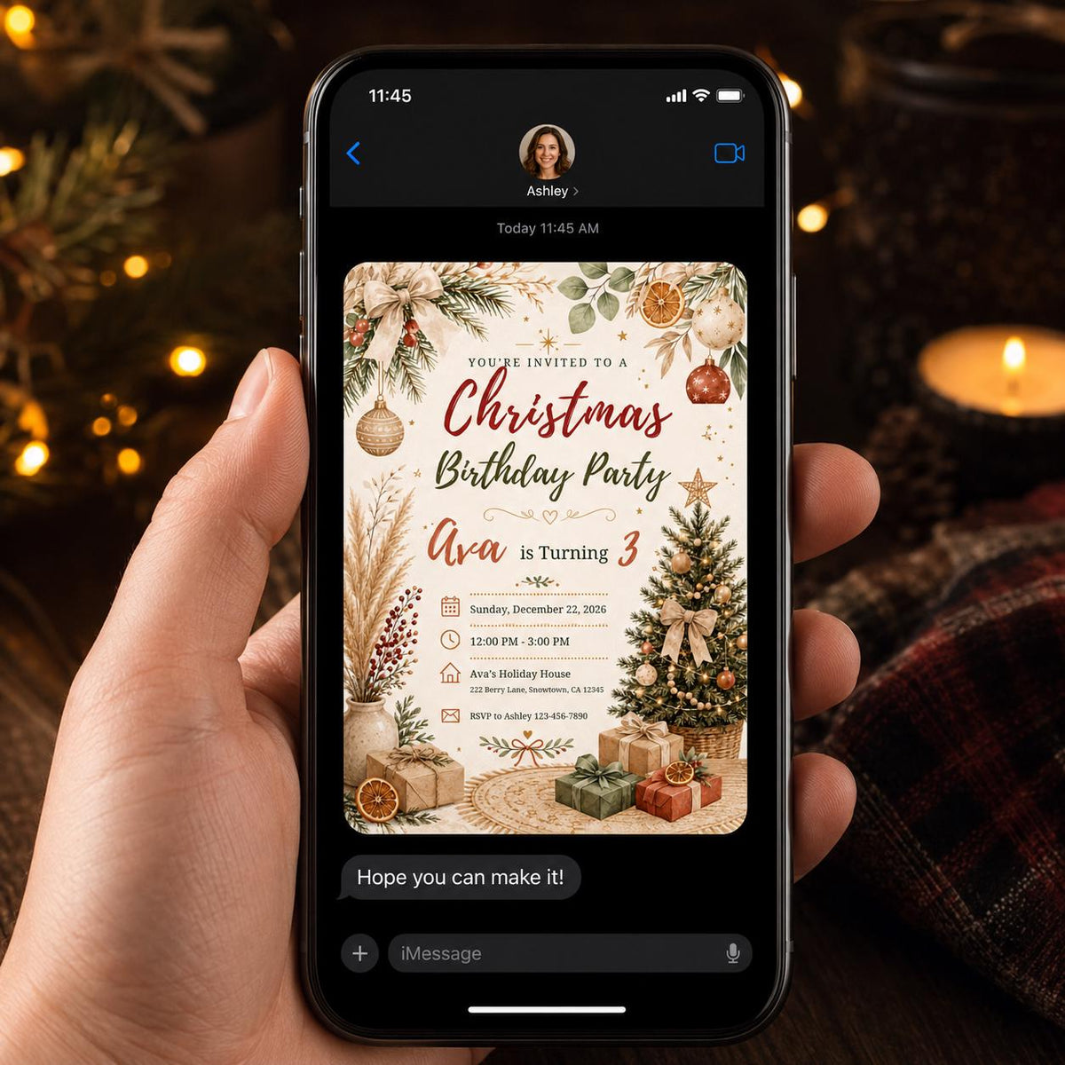 Neutral Rustic Christmas 3rd Birthday Invitation for Girls — invitation you personalize in Canva