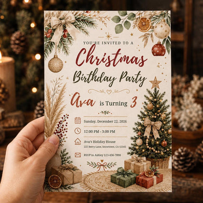 Neutral Rustic Christmas 3rd Birthday Invitation for Girls — boho 3rd birthday party design