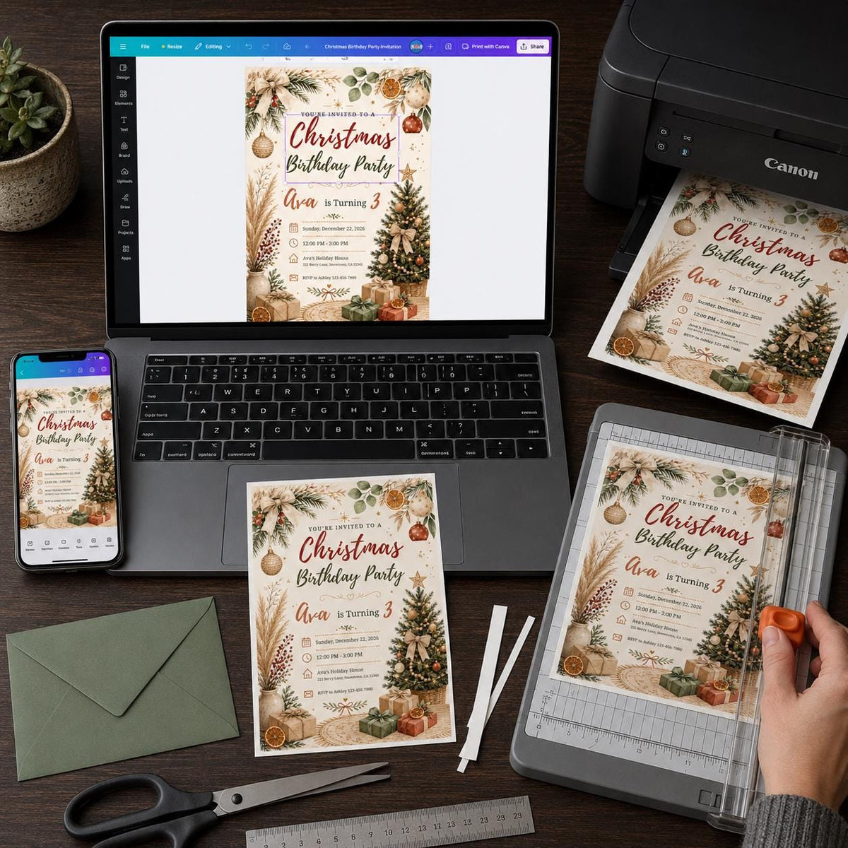 Neutral Rustic Christmas 3rd Birthday Invitation for Girls — print-ready 3rd birthday party design from VoltBy