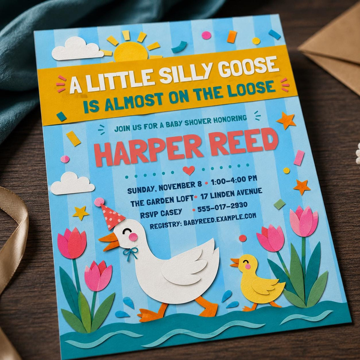 Neutral Silly Goose Baby Shower Invitation — invitation you personalize in Canva