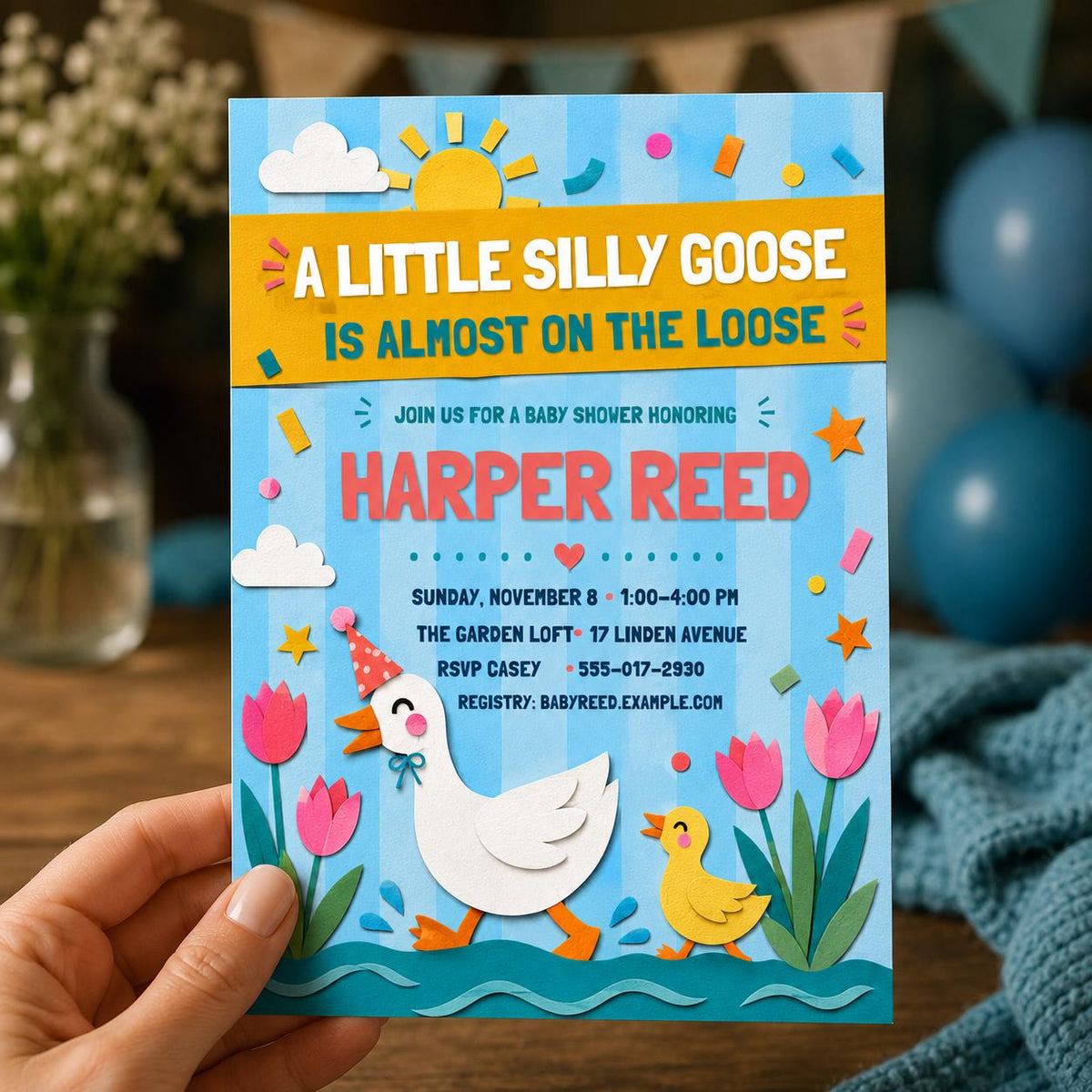 Neutral Silly Goose Baby Shower Invitation — digital invitation, instant download