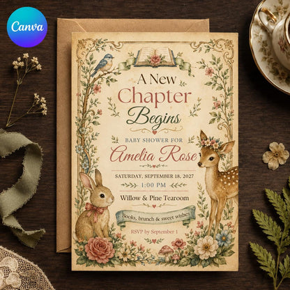 Neutral Vintage A New Chapter Begins Baby Shower Invitation — editable Canva template