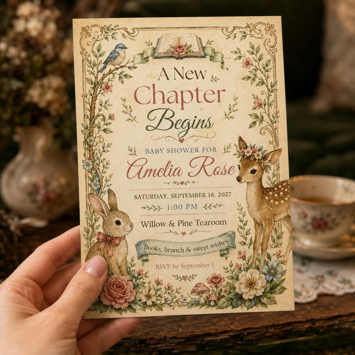 Neutral Vintage A New Chapter Begins Baby Shower Invitation — floral baby shower design