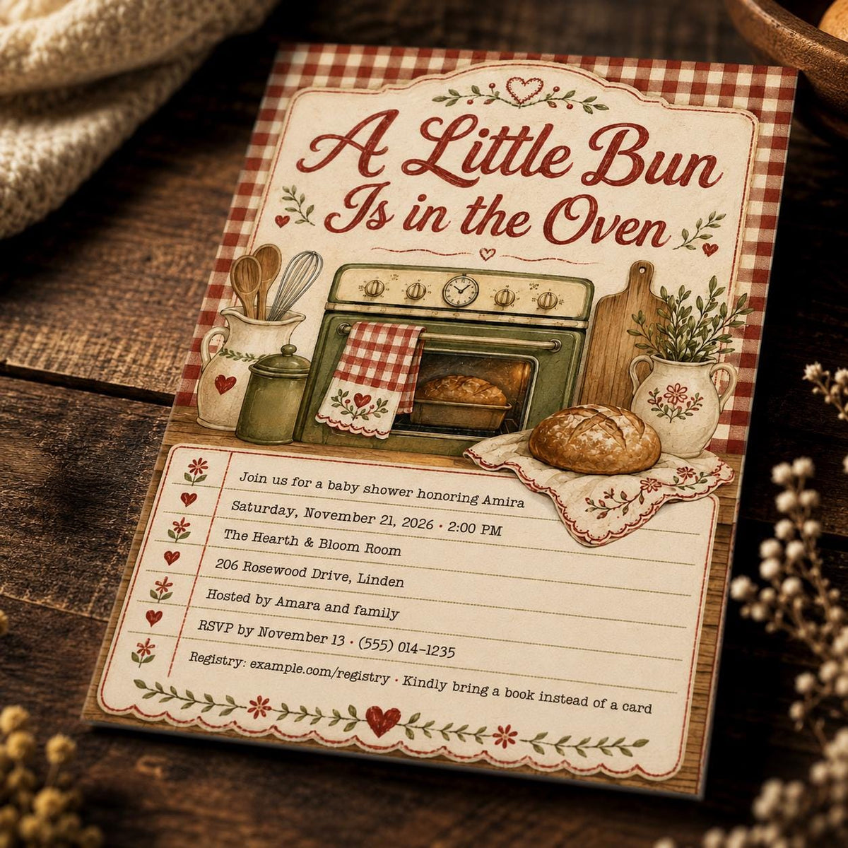 Neutral Vintage Bun in the Oven Baby Shower Invitation — baking design