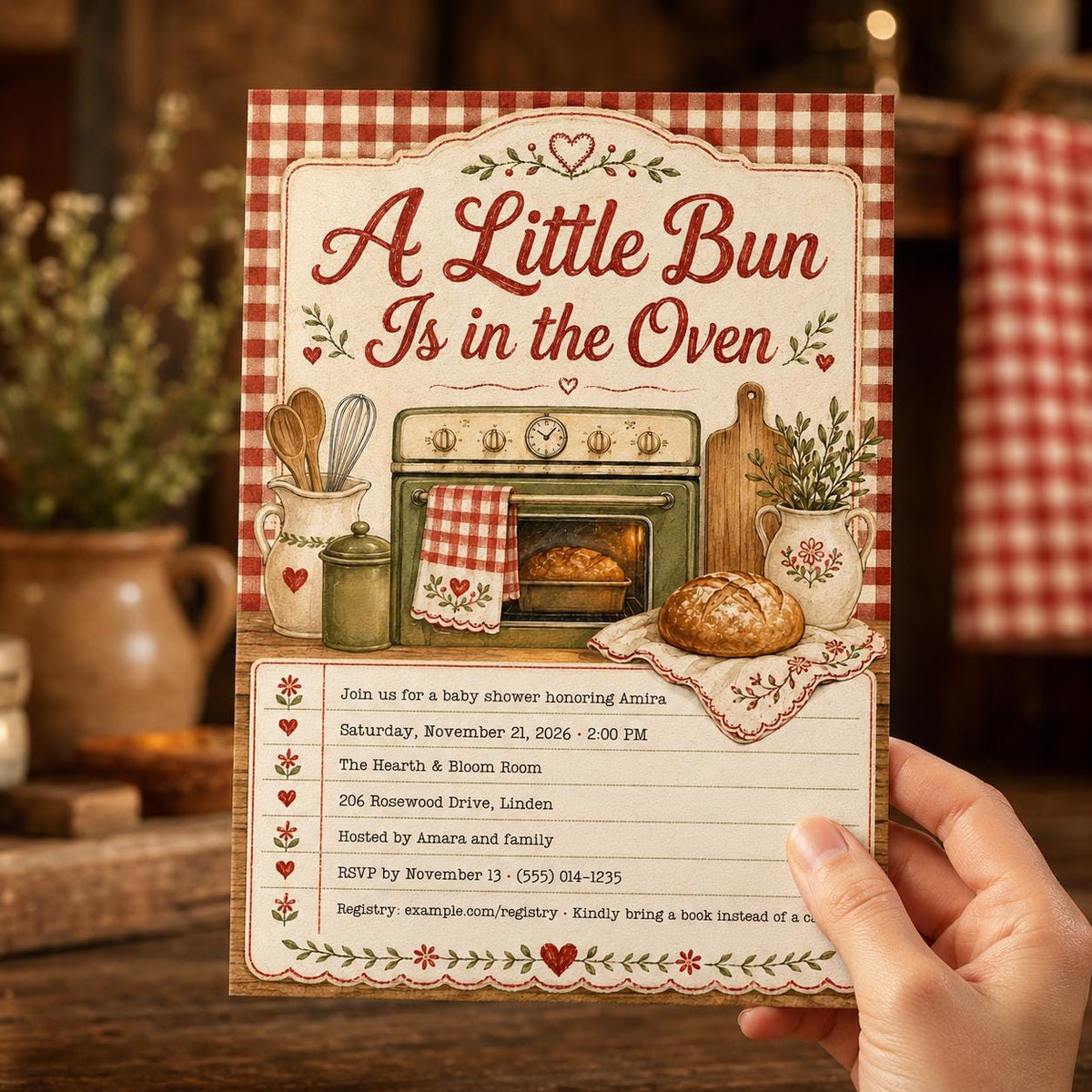 Neutral Vintage Bun in the Oven Baby Shower Invitation — invitation you personalize in Canva